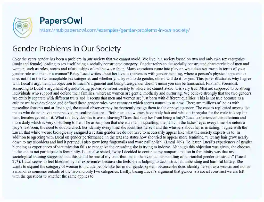 Essay on Gender Problems in Our Society