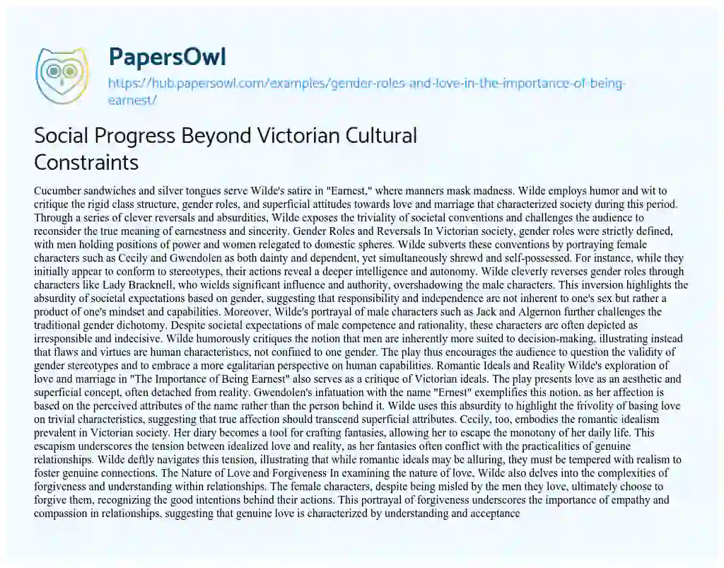 Essay on Social Progress Beyond Victorian Cultural Constraints