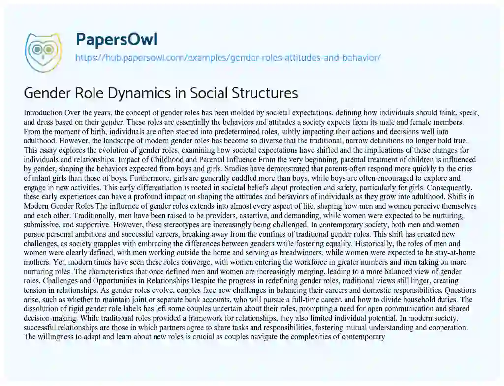 Essay on Gender Role Dynamics in Social Structures