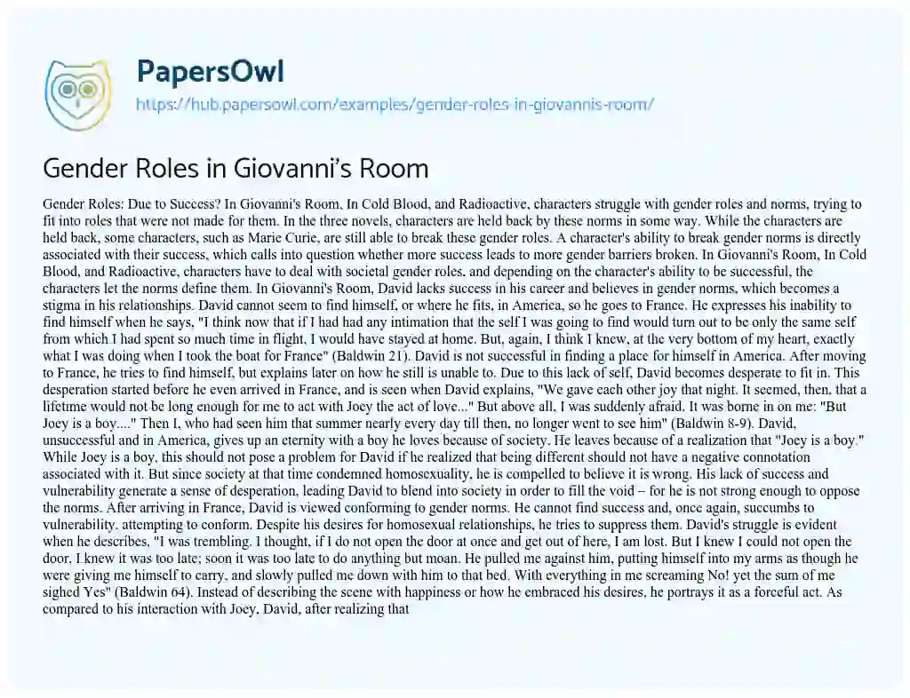 Essay on Gender Roles in Giovanni’s Room