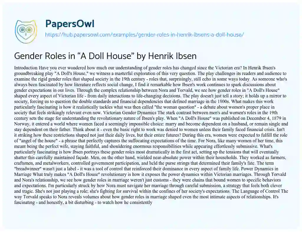 Essay on Gender Roles in “A Doll House” by Henrik Ibsen