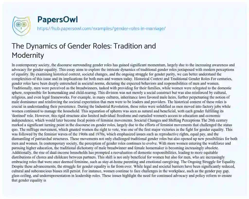 Essay on The Dynamics of Gender Roles: Tradition and Modernity