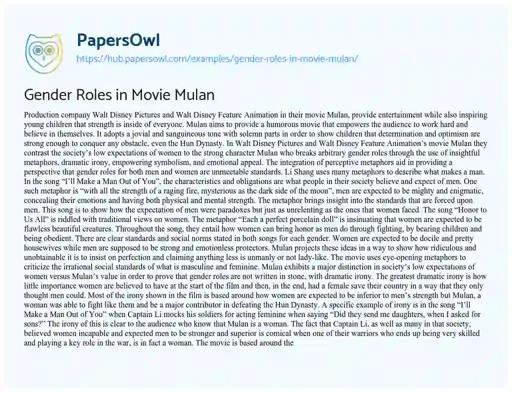 Essay on Gender Roles in Movie Mulan