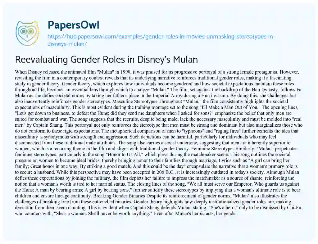 Essay on Reevaluating Gender Roles in Disney’s Mulan