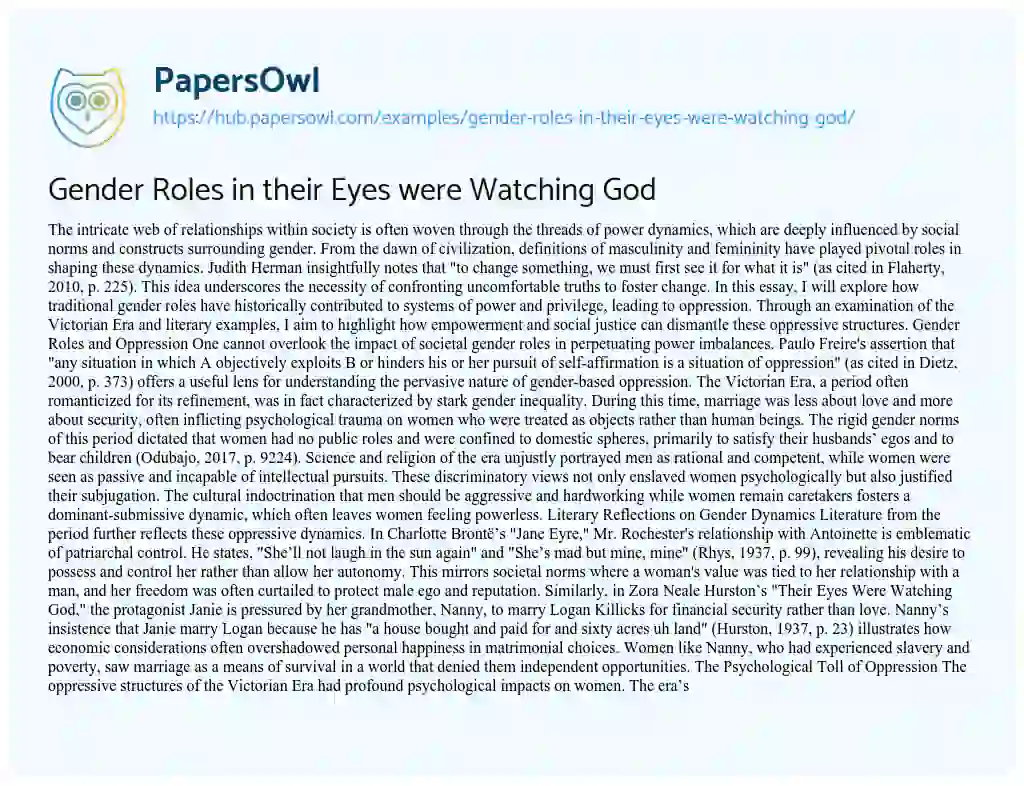 Essay on Gender Roles in their Eyes were Watching God