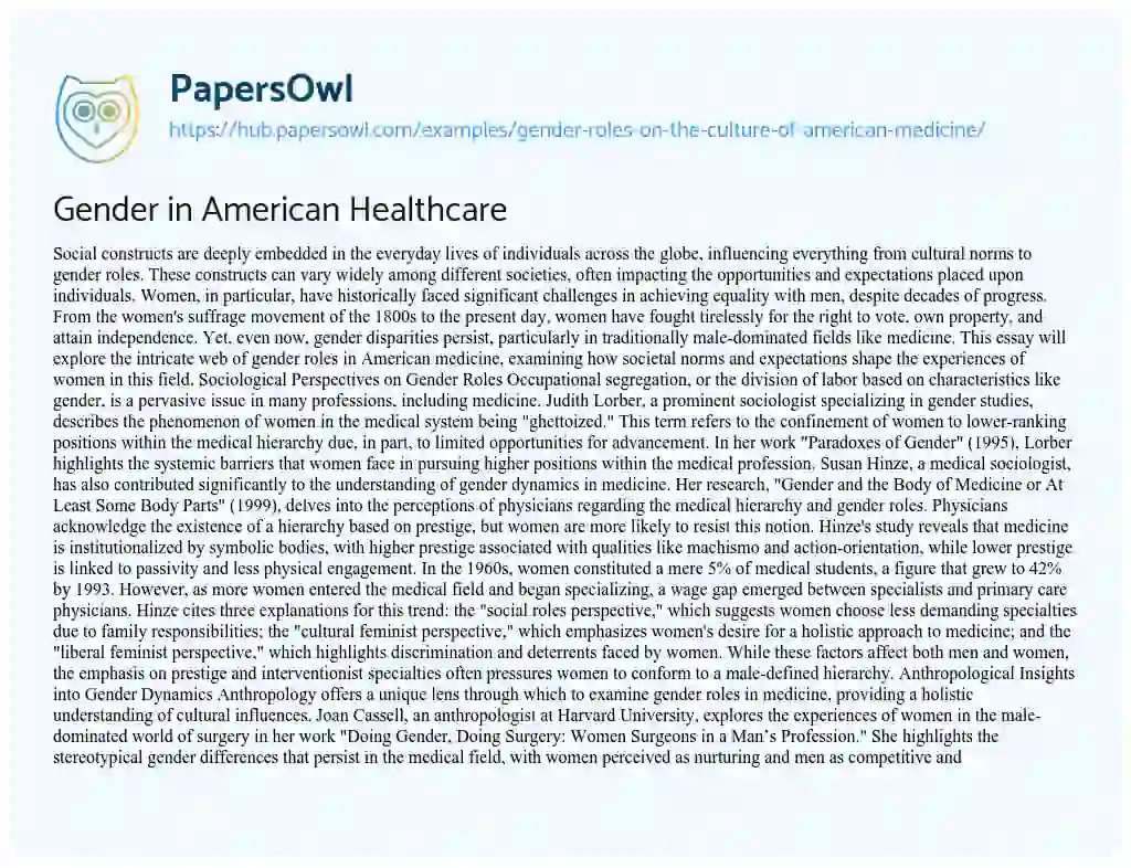 Essay on Gender in American Healthcare