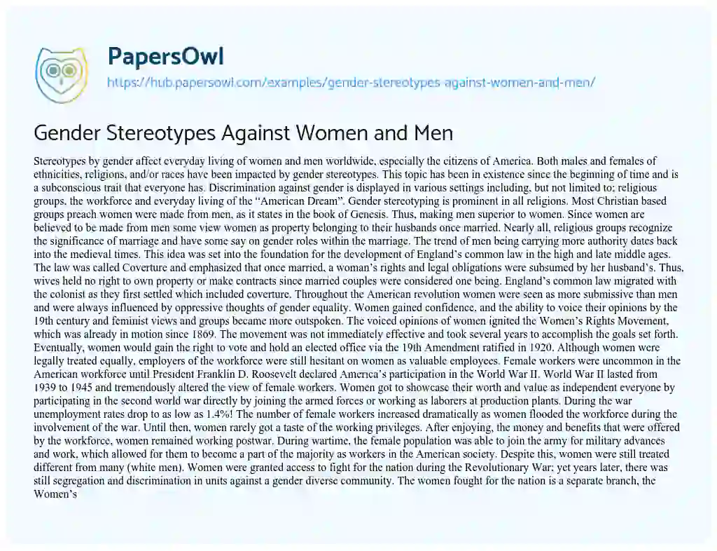 Essay on Gender Stereotypes Against Women and Men