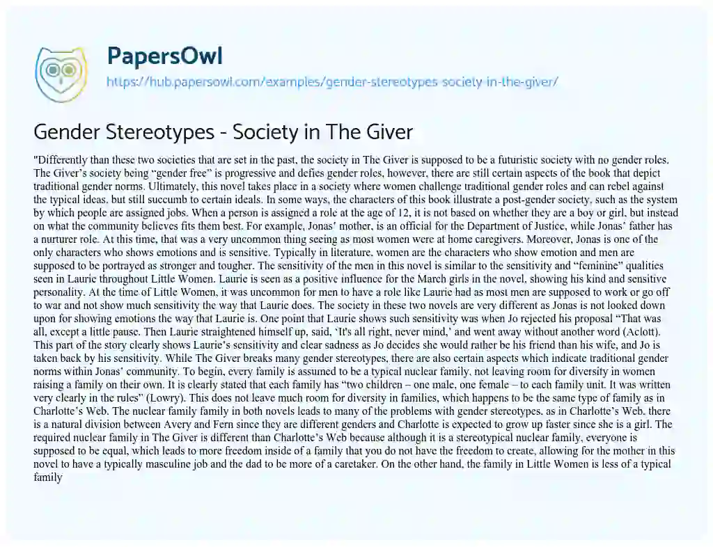 Essay on Gender Stereotypes – Society in The Giver