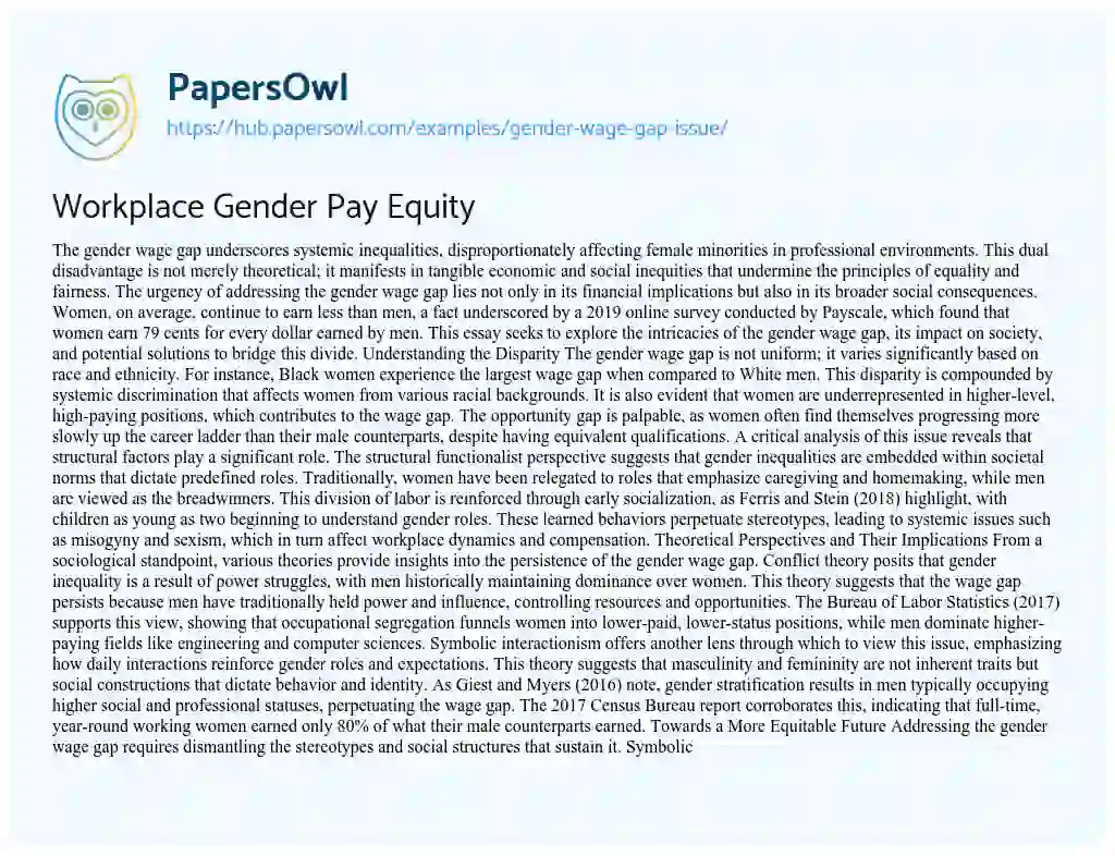 Essay on Workplace Gender Pay Equity
