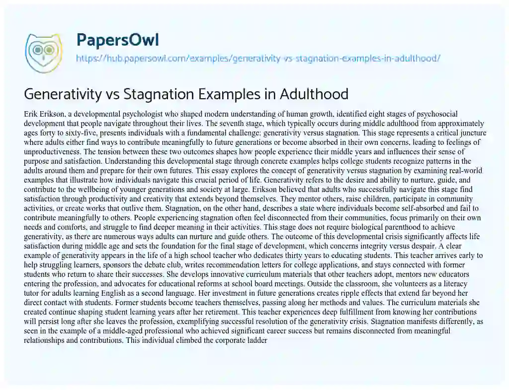 Essay on Generativity vs Stagnation Examples in Adulthood