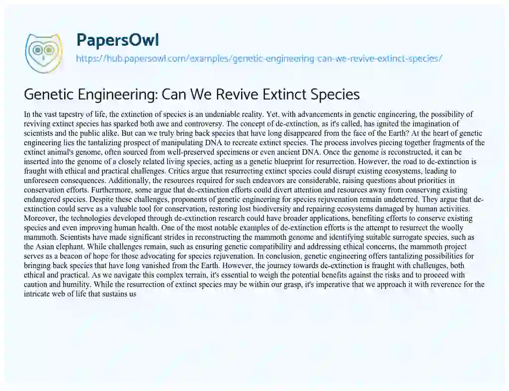 Essay on Genetic Engineering: Can We Revive Extinct Species