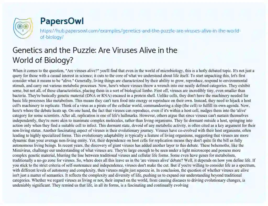 Essay on Genetics and the Puzzle: Are Viruses Alive in the World of Biology?