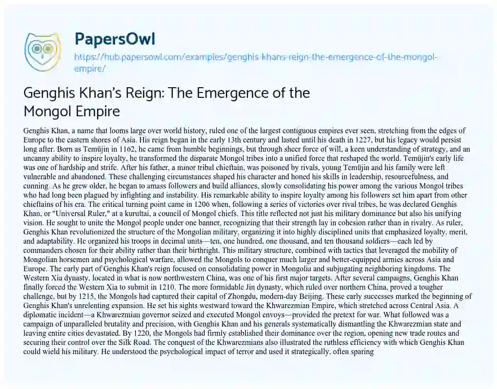 Essay on Genghis Khan’s Reign: The Emergence of the Mongol Empire