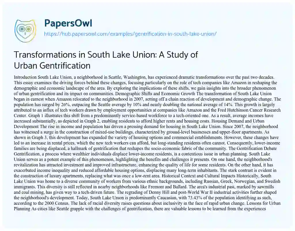 Essay on Transformations in South Lake Union: A Study of Urban Gentrification