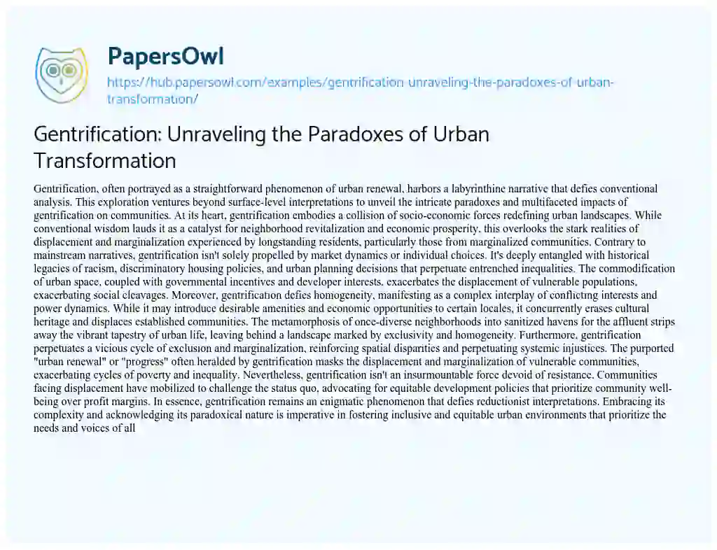 Essay on Gentrification: Unraveling the Paradoxes of Urban Transformation