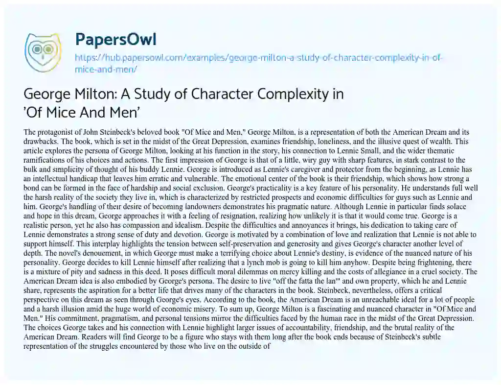Essay on George Milton: A Study of Character Complexity in ‘Of Mice And Men’
