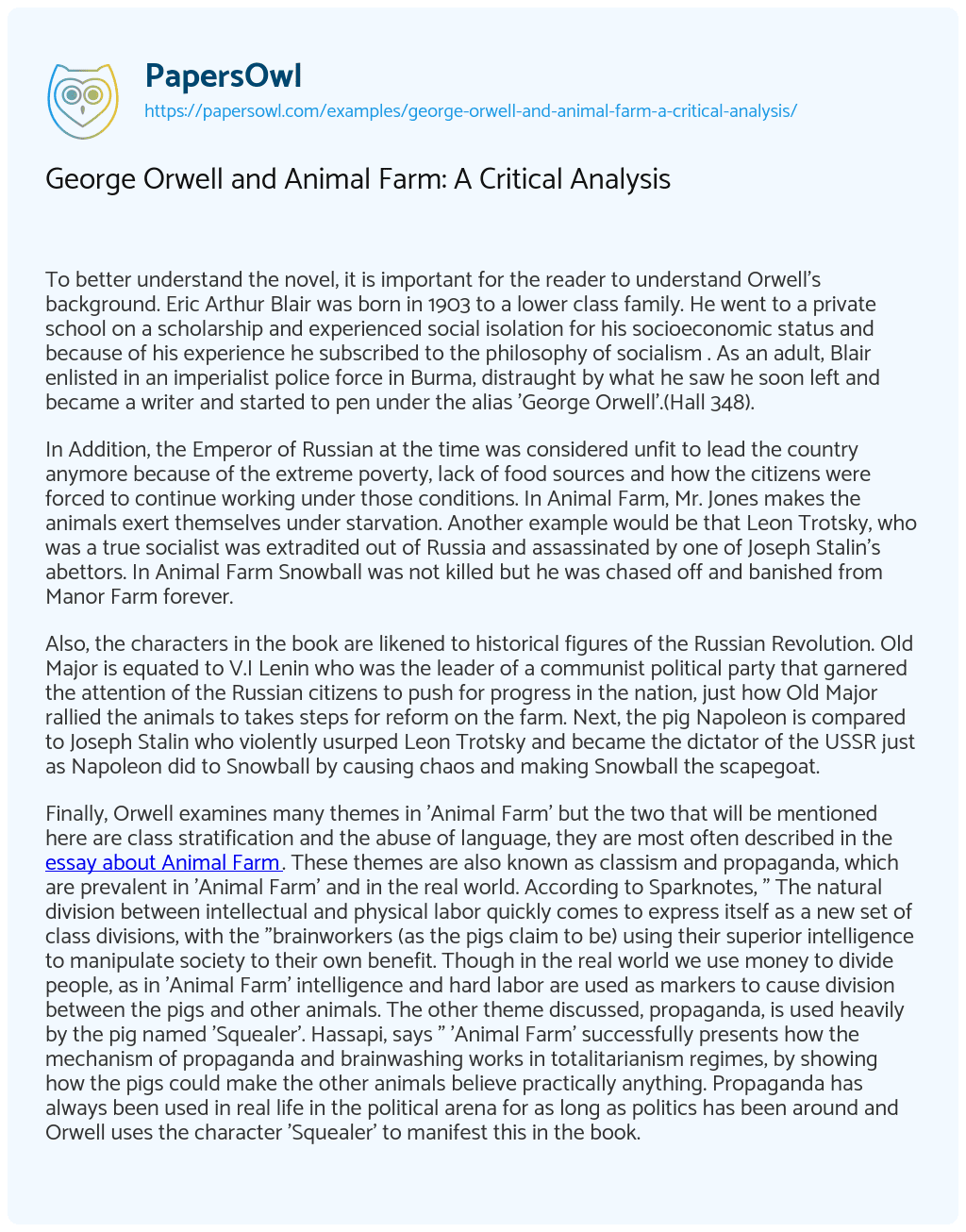 Essay on George Orwell and Animal Farm: A Critical Analysis