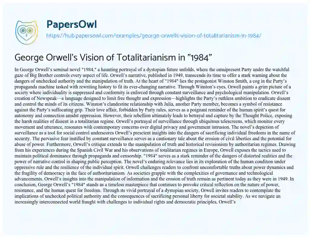 Essay on George Orwell’s Vision of Totalitarianism in “1984”