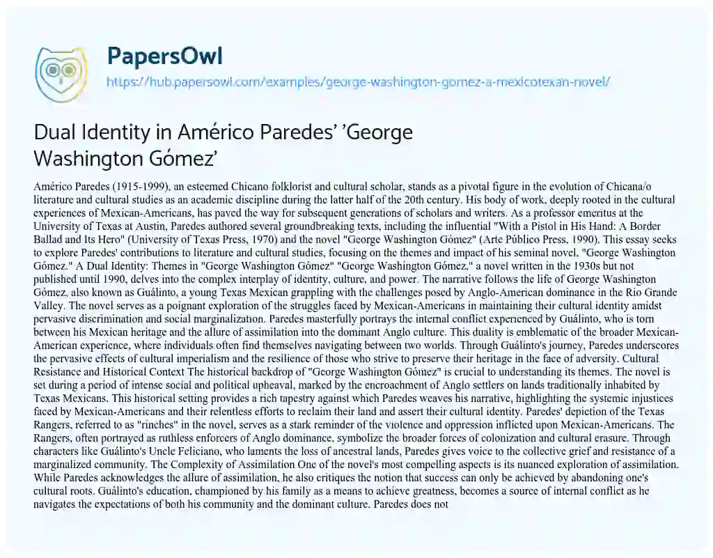 Essay on Dual Identity in Américo Paredes’ ‘George Washington Gómez’