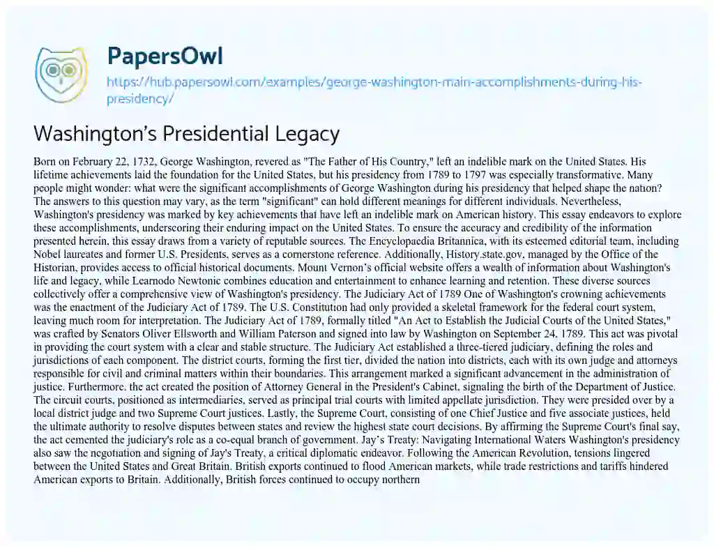 Essay on Washington’s Presidential Legacy
