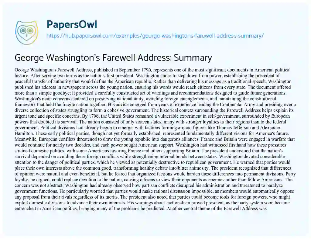 Essay on George Washington’s Farewell Address: Summary