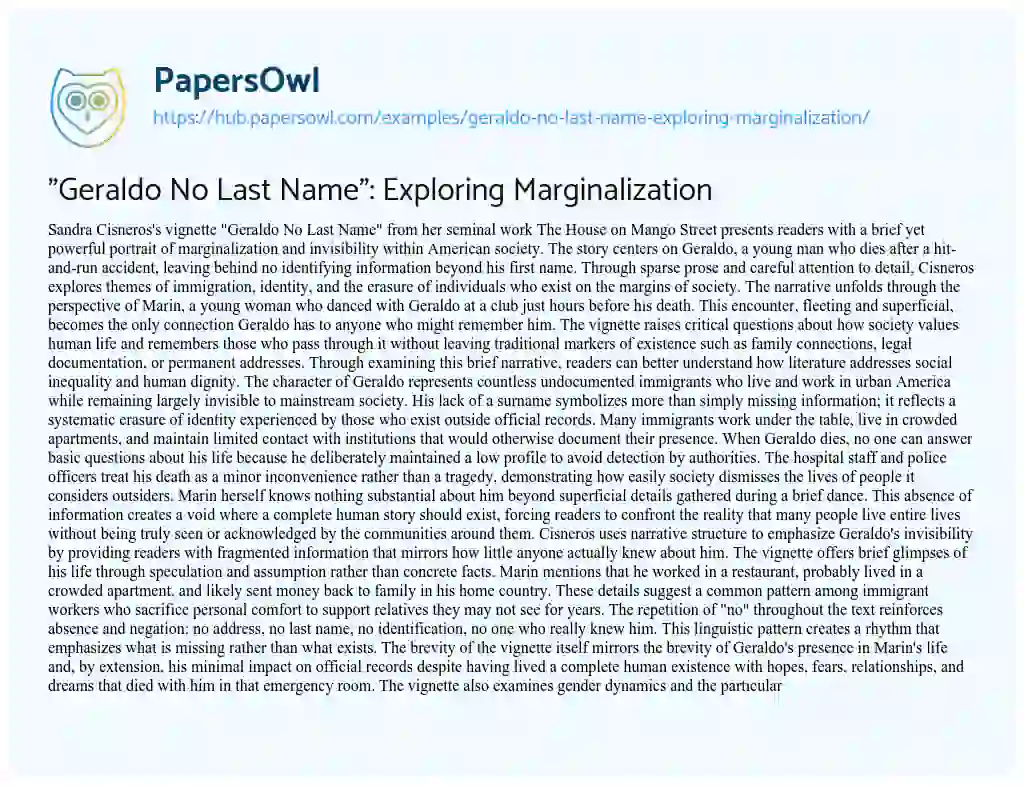 Essay on “Geraldo No Last Name”: Exploring Marginalization