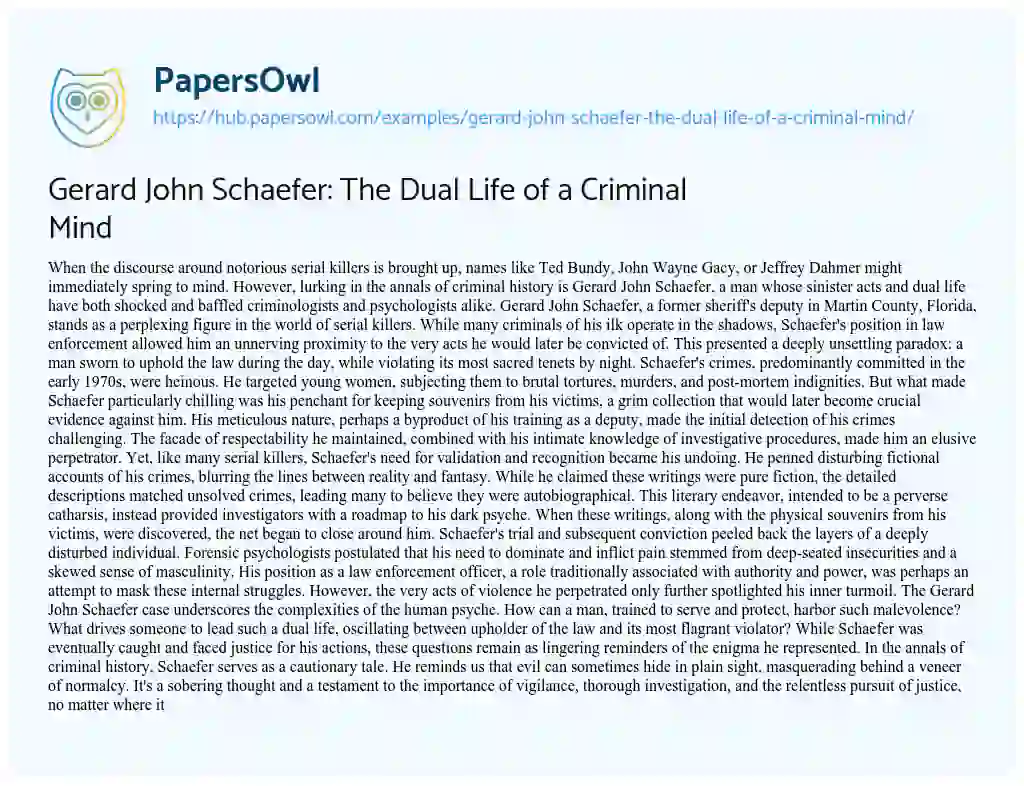 Essay on Gerard John Schaefer: The Dual Life of a Criminal Mind