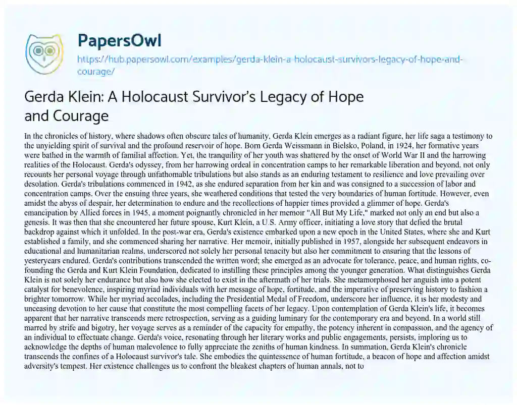 Essay on Gerda Klein: A Holocaust Survivor’s Legacy of Hope and Courage