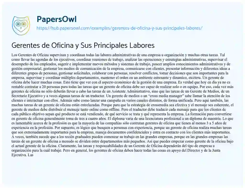 Essay on Gerentes de Oficina y Sus Principales Labores