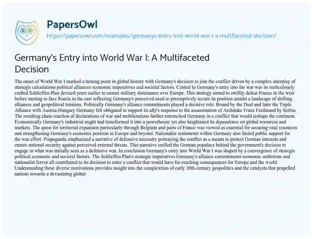 Essay on Germany’s Entry into World War I: A Multifaceted Decision