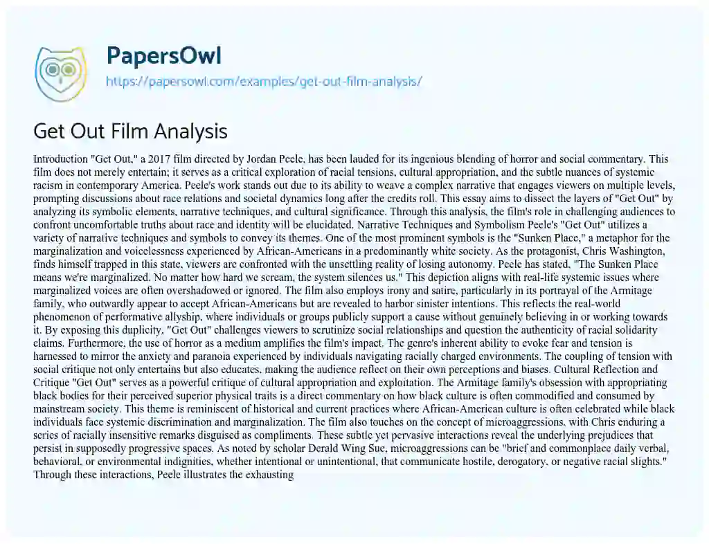 Essay on Get Out Film Analysis