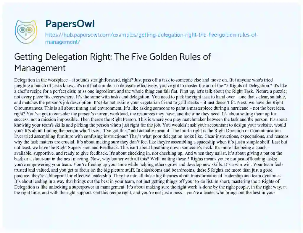 Essay on Getting Delegation Right: The Five Golden Rules of Management