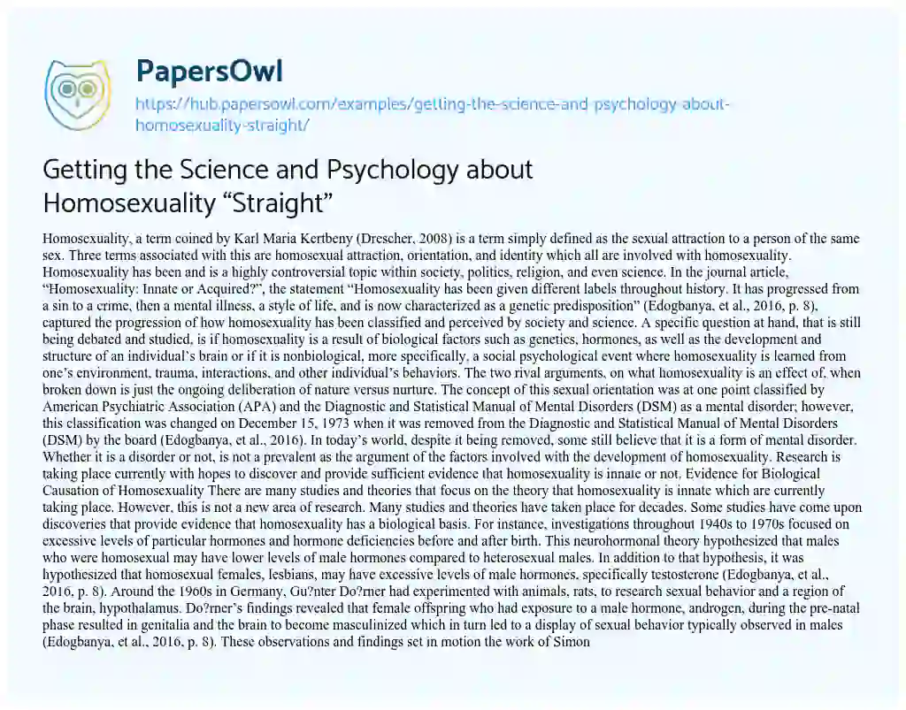 Essay on Getting the Science and Psychology about Homosexuality “Straight”