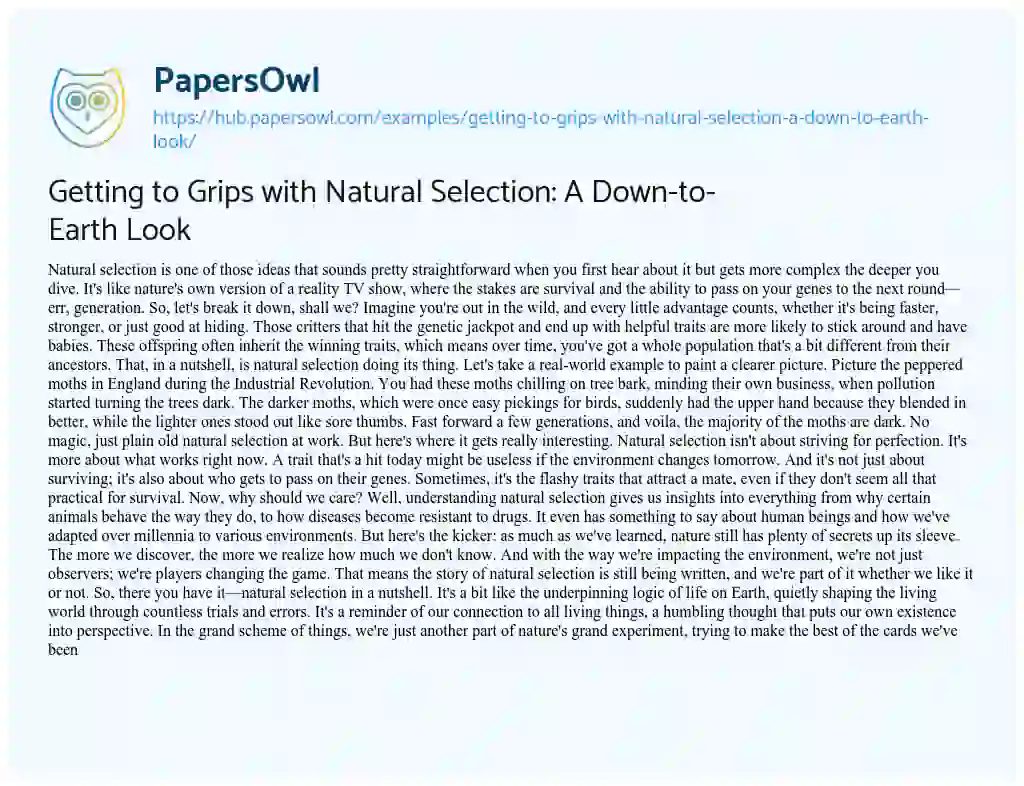 Essay on Getting to Grips with Natural Selection: A Down-to-Earth Look