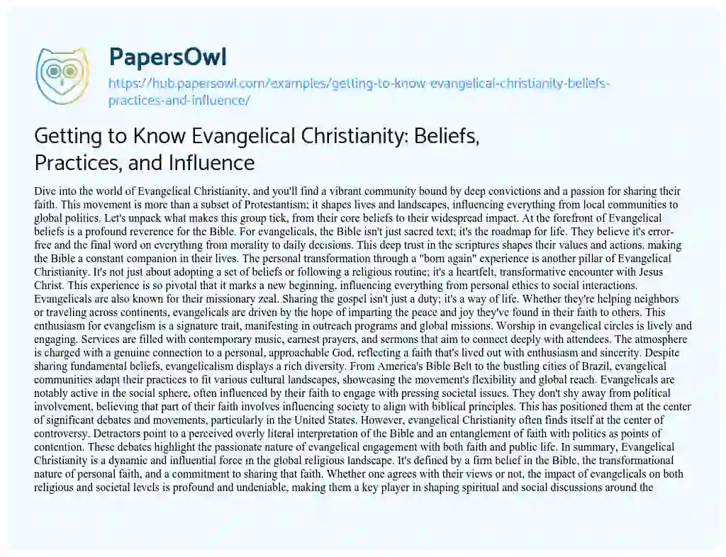 Essay on Getting to Know Evangelical Christianity: Beliefs, Practices, and Influence