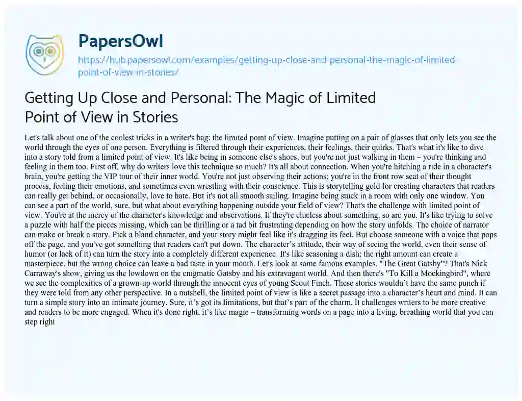 Essay on Getting Up Close and Personal: The Magic of Limited Point of View in Stories