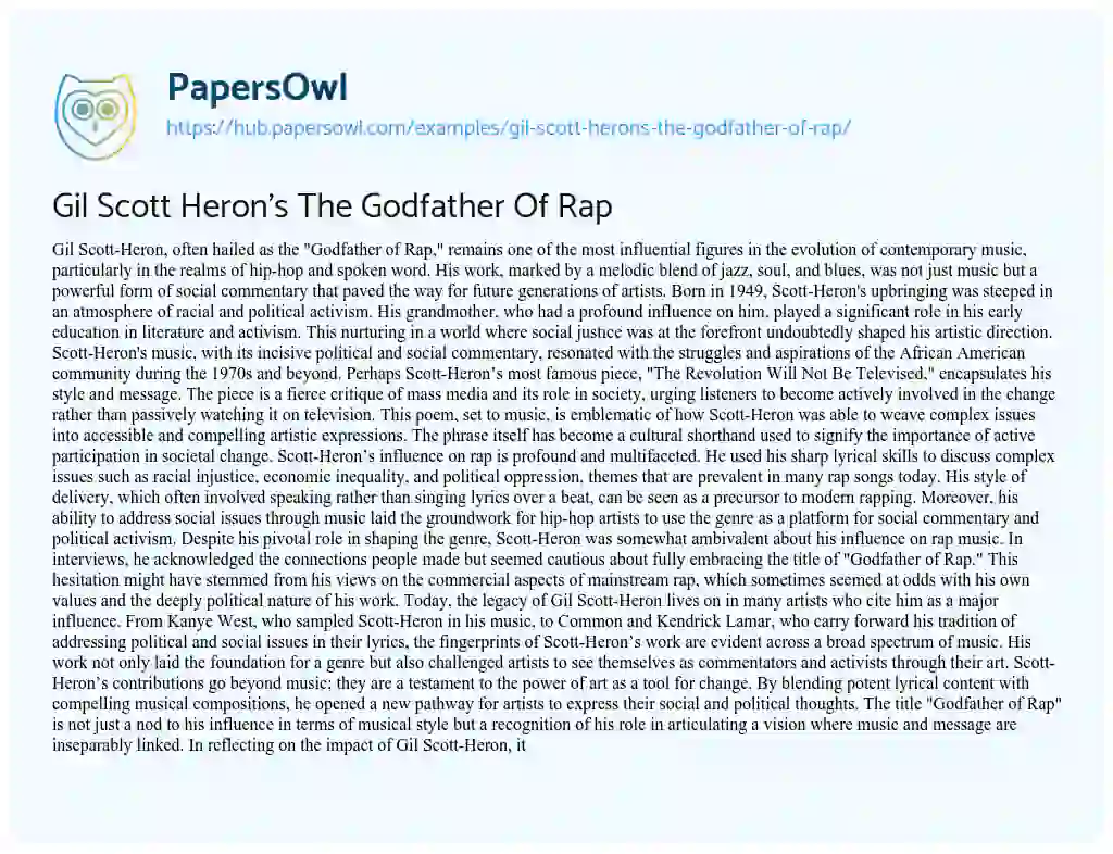 Essay on Gil Scott Heron’s The Godfather Of Rap