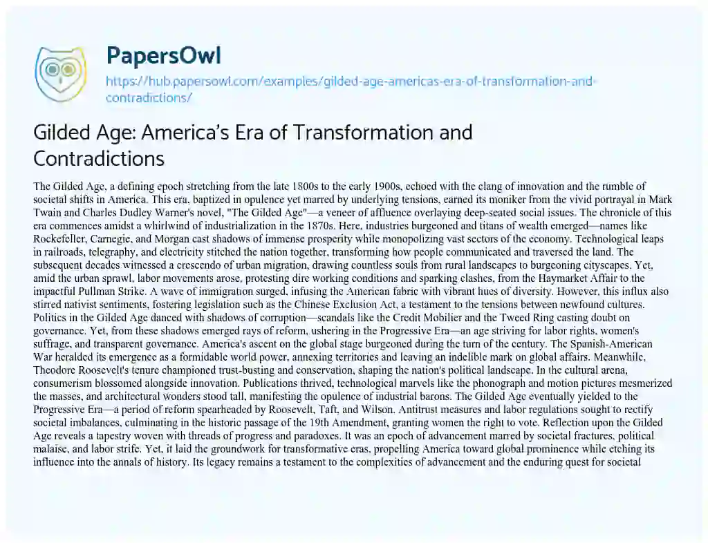 Essay on Gilded Age: America’s Era of Transformation and Contradictions