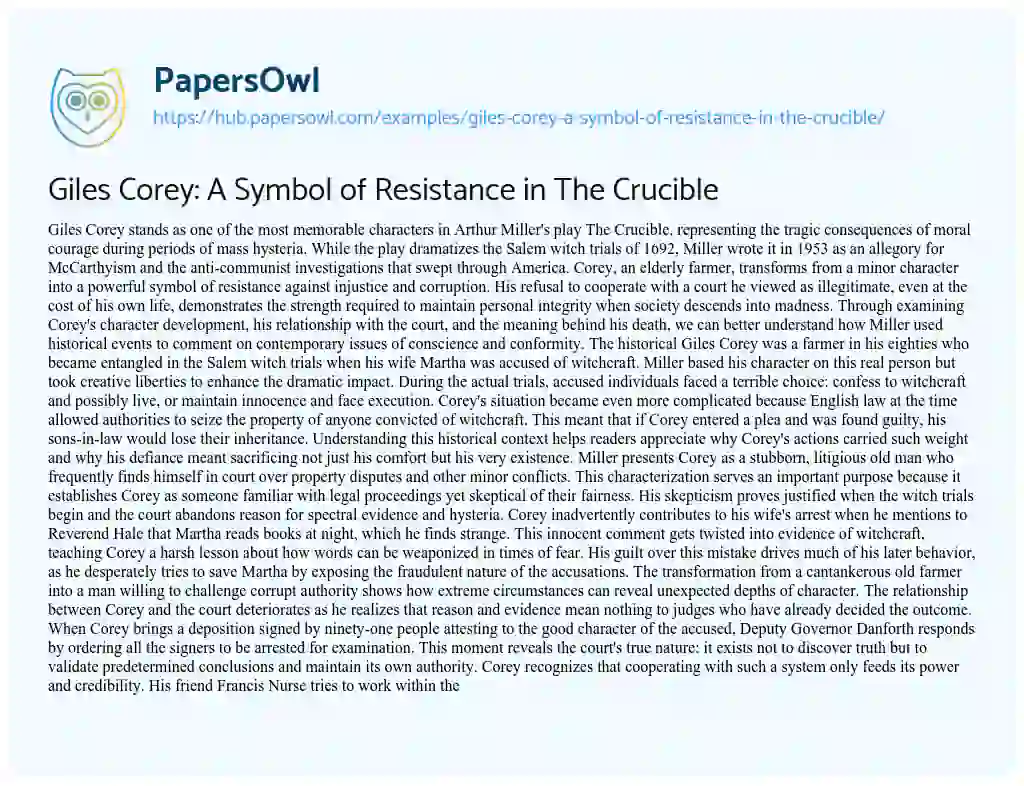 Essay on Giles Corey: A Symbol of Resistance in The Crucible