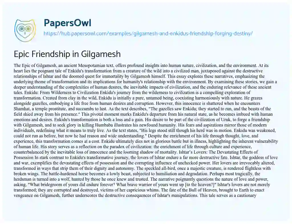 Essay on Epic Friendship in Gilgamesh