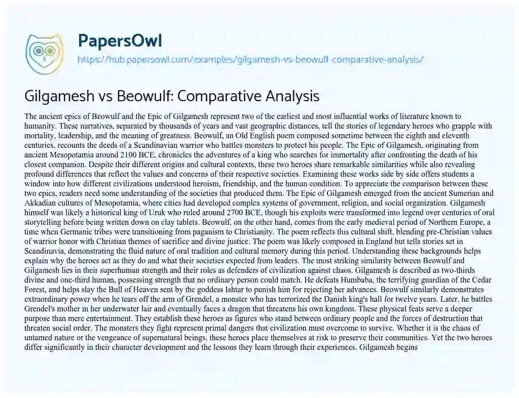 Essay on Gilgamesh vs Beowulf: Comparative Analysis
