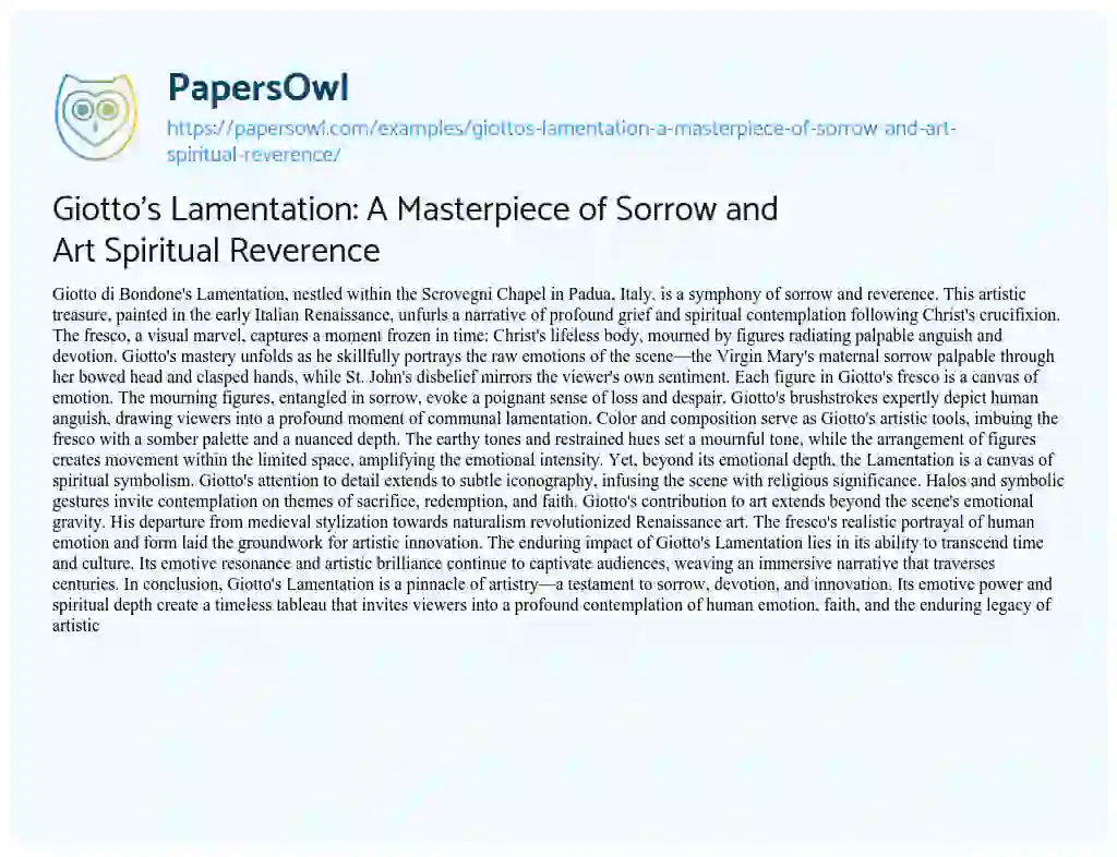 Essay on Giotto’s Lamentation: A Masterpiece of Sorrow and Art Spiritual Reverence