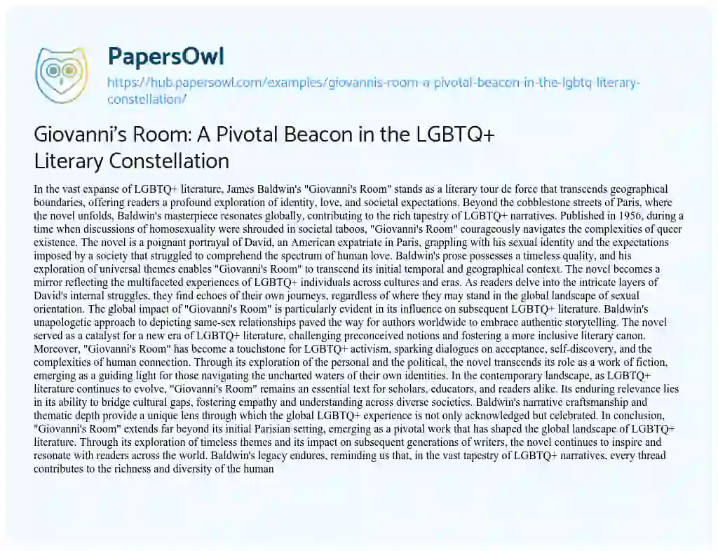 Essay on Giovanni’s Room: A Pivotal Beacon in the LGBTQ+ Literary Constellation