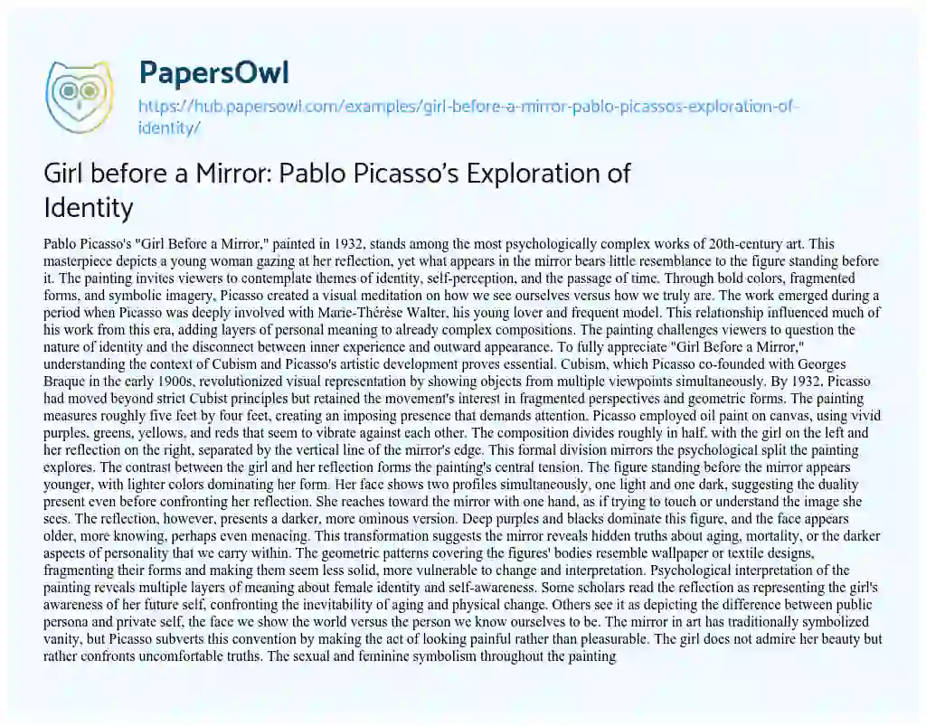 Essay on Girl before a Mirror: Pablo Picasso’s Exploration of Identity