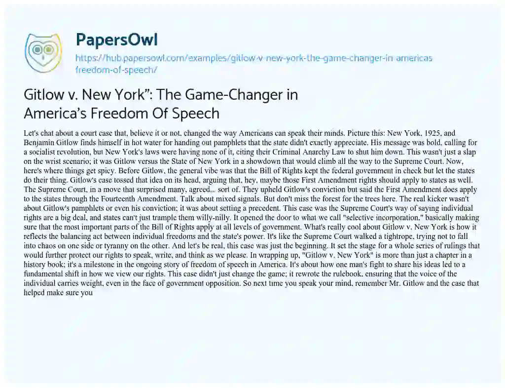 Essay on Gitlow v. New York”: The Game-Changer in America’s Freedom Of Speech
