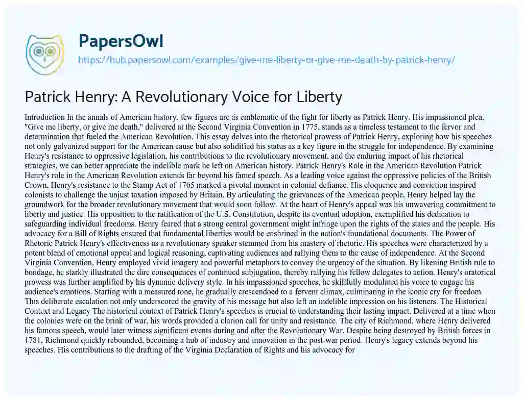 Essay on Patrick Henry: A Revolutionary Voice for Liberty