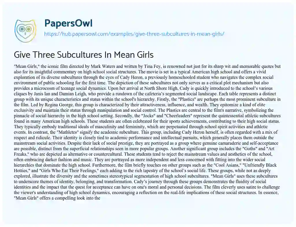 Essay on Give Three Subcultures In Mean Girls