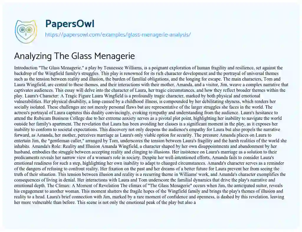 Essay on Analyzing The Glass Menagerie