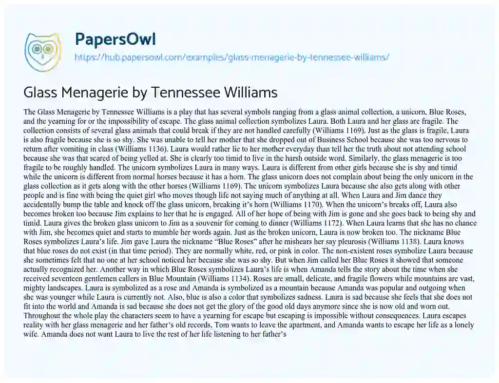 Essay on Glass Menagerie by Tennessee Williams