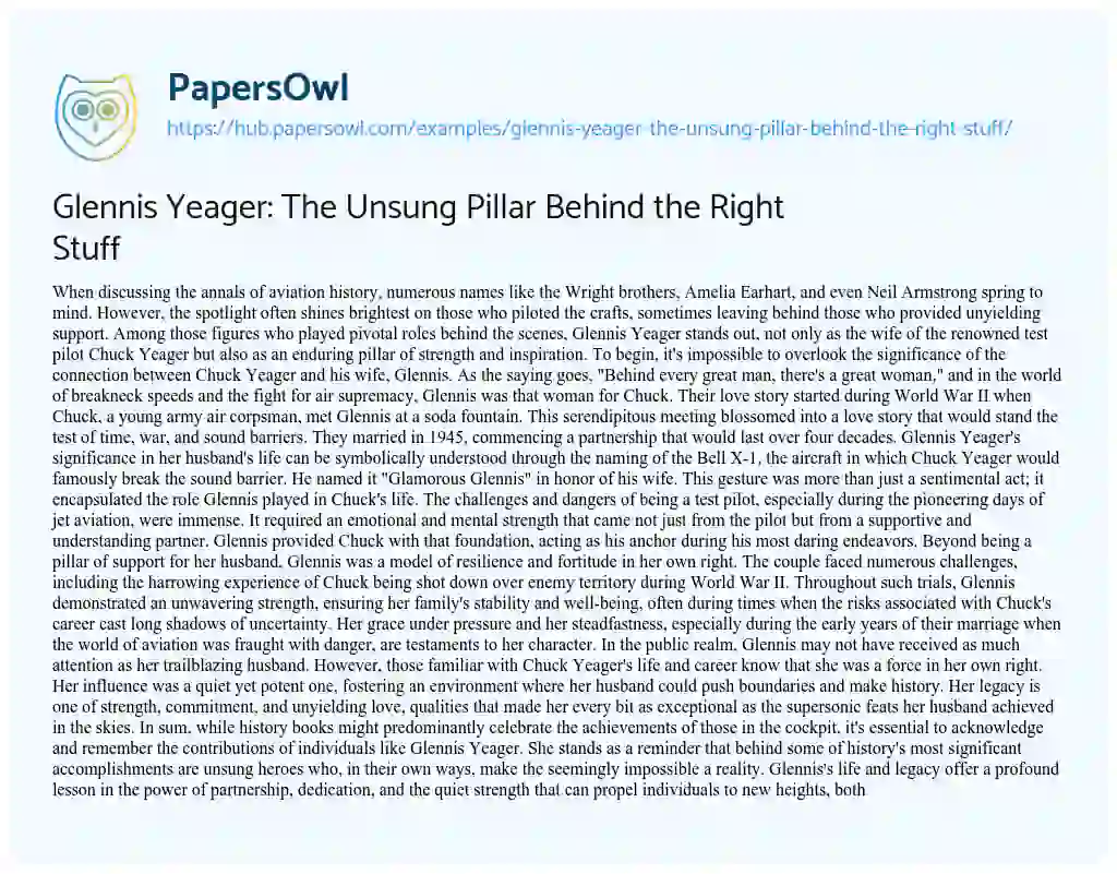 Essay on Glennis Yeager: The Unsung Pillar Behind the Right Stuff